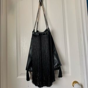 Zara Faux Leather Satin Fringe Chain Tote Bag NWT